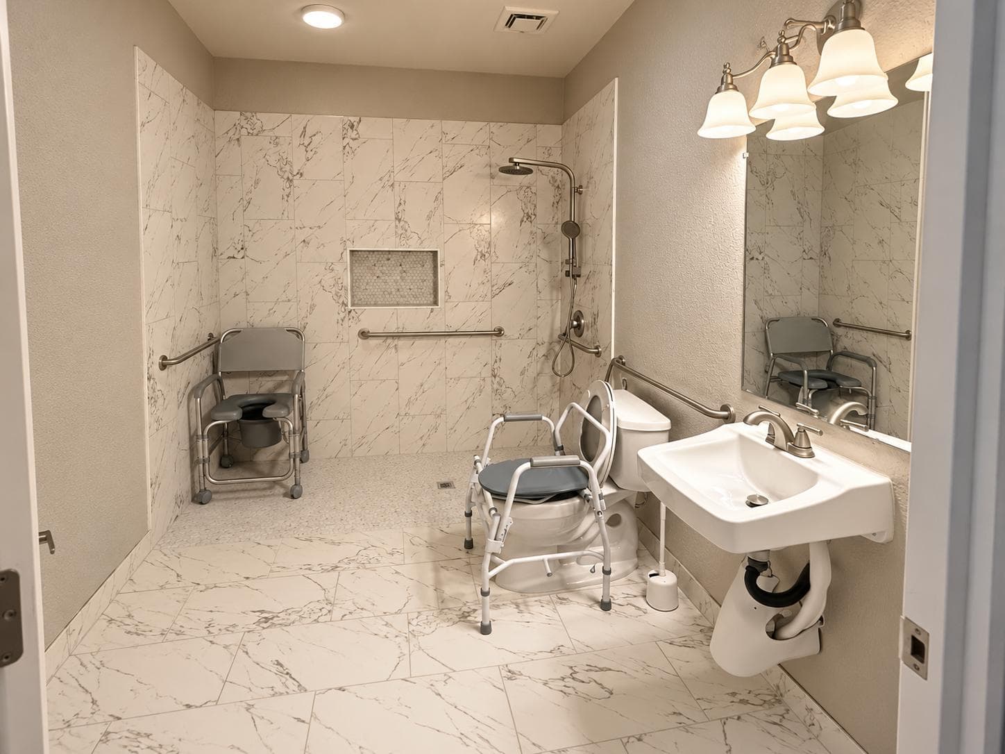 An accessible bathroom with roll-in shower and grab bars